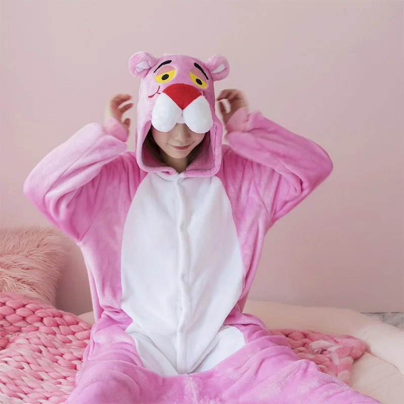 Pink Leopard, Unicorn Pajamas Set, Flannel Animal Pyjamas for Ladies, Winter Nightie Sleepwear