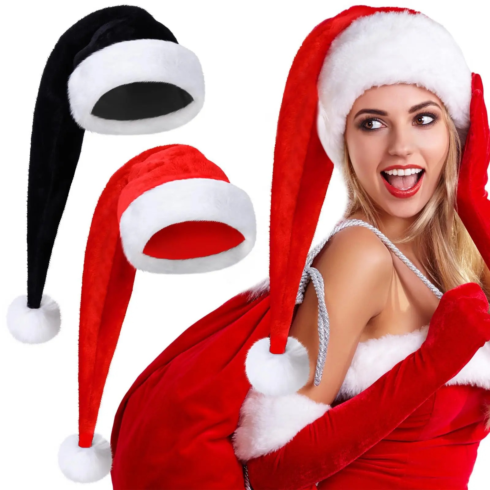 Festive Black & Red Santa Plush Hat – Kids & Adults Christmas Decoration