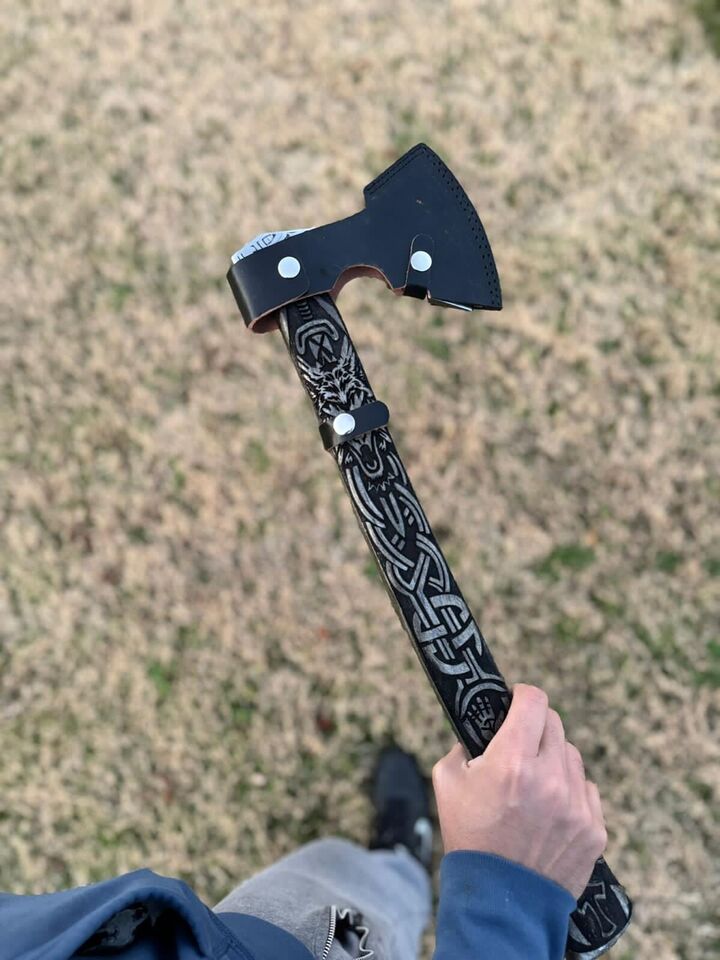 Handmade Carbon Steel Viking Throwing Axe | 19 Rare Art Axe with Carved Ashwood Handle