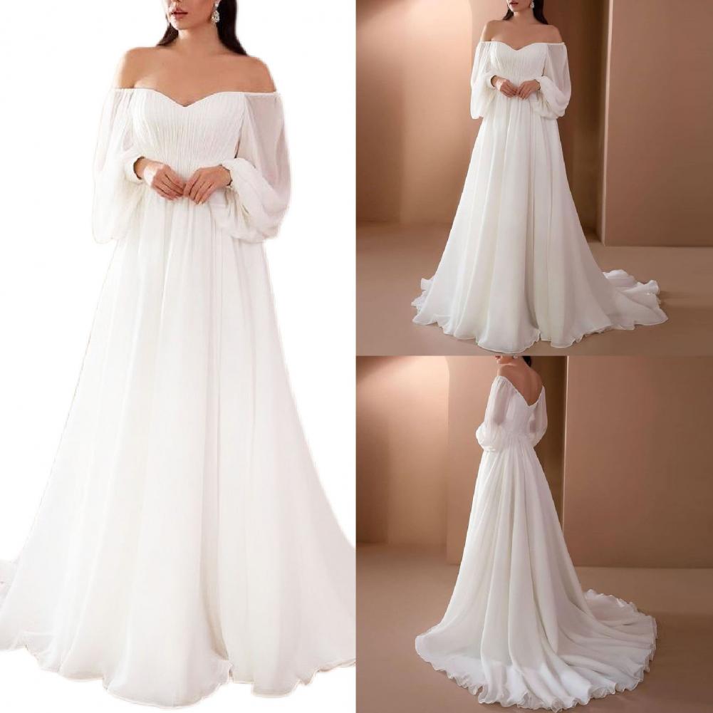 Elegant Womens Off Shoulder Maxi Dress, Sexy Lace Evening Gown Lantern Sleeve High Waist, White Long Flowy Hem Dress