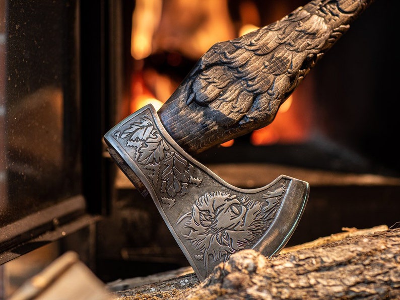 GIFT for HIM Viking HATCHET Axe Wolf Forged Carbon Steel Axe with Wood Handle Viking Bearded Battle Axe|AnniversaryGift
