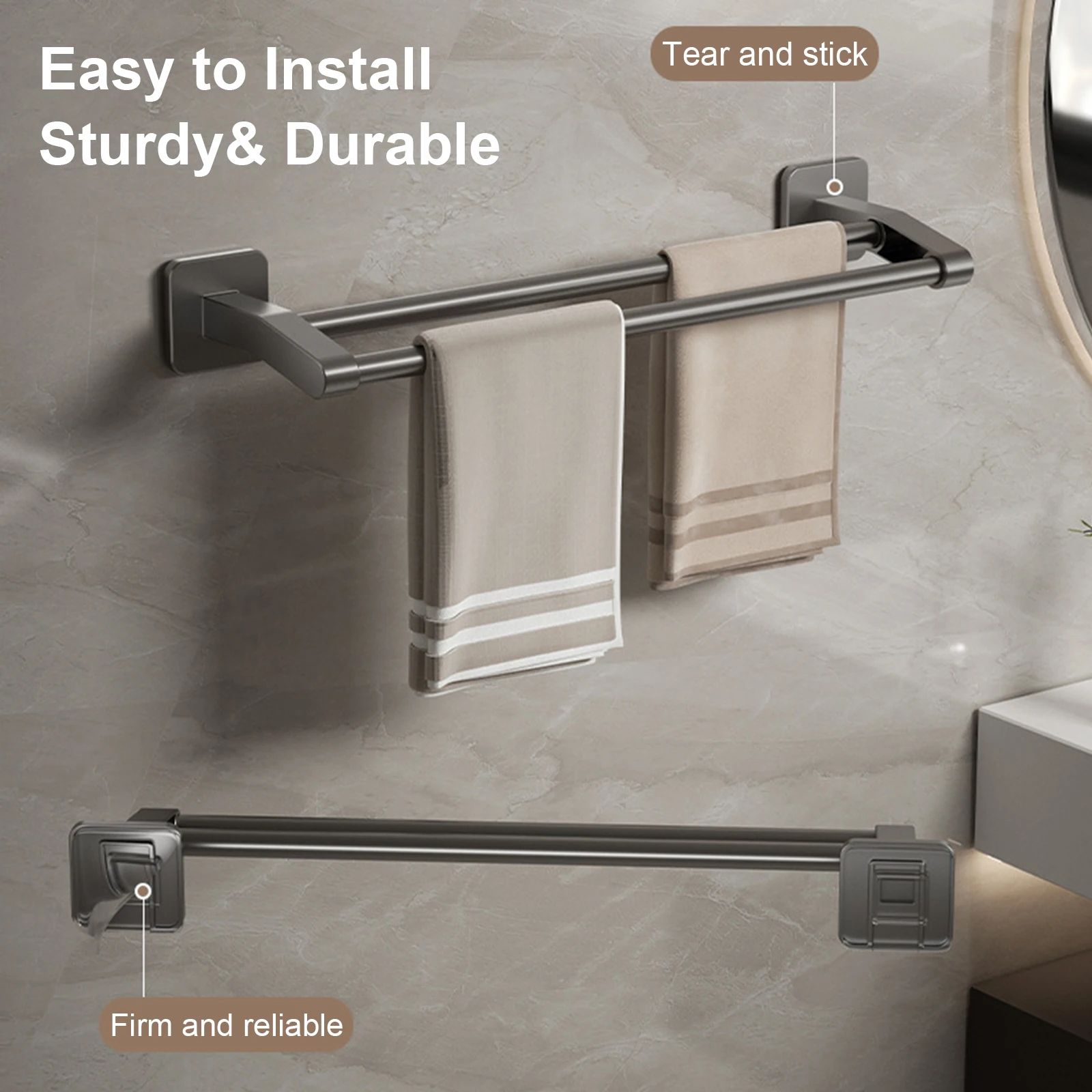 Wall Mount Double Towel Rack – No Drill ABS 2-Tier Bathroom Towel Bar