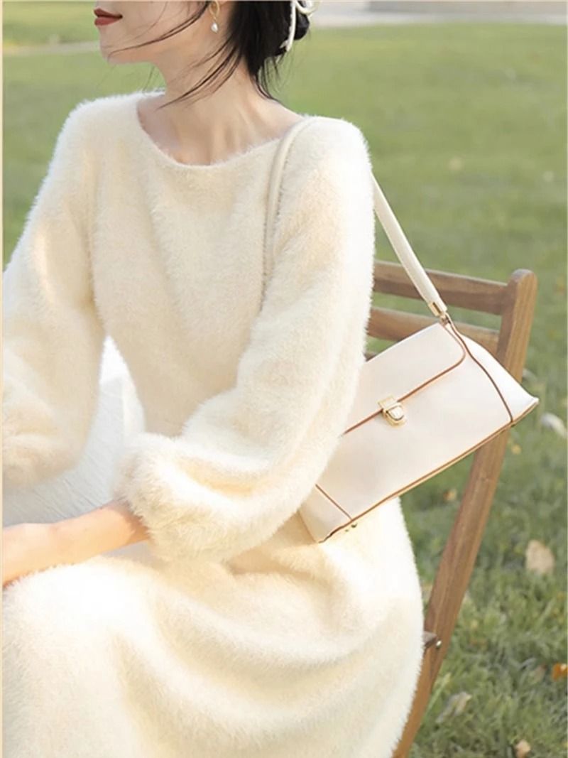 Womens Plush White Sweater Dress Long Sleeve Elegant Winter Knit Dress