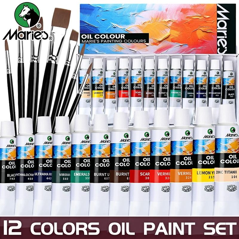 Marie's 19 Piece Oil Paint Set with 12 Colors Pigments and 7 Brushes Artist Painting Kit