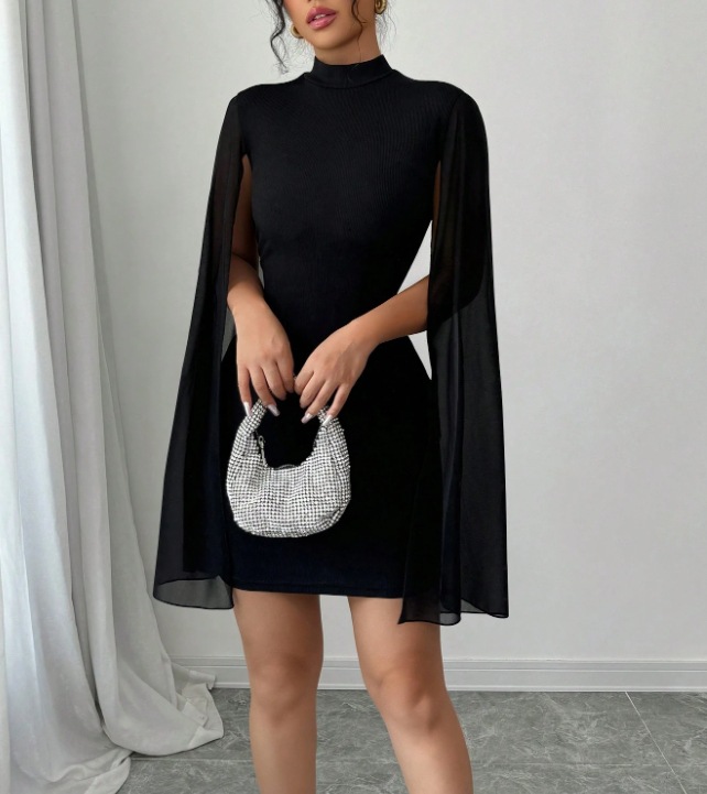 Women's Round Neck Pearl Chiffon Cloak Wrapped Hip Dress, European and American Style