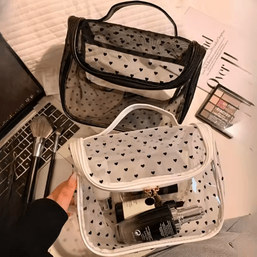 Large-Capacity Heart Mesh Makeup Bag – Frosted Transparent Cosmetic Travel Pouch