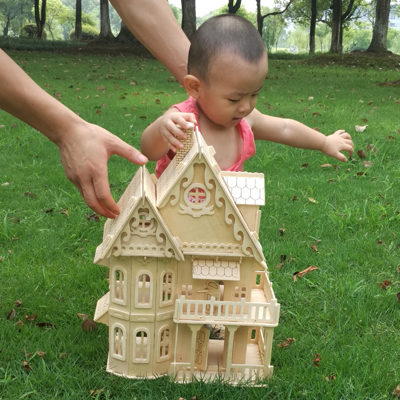 DIY Doll House Villa Model Assembled Miniature Dollhouse, Wood 3D Puzzle House, Pretend Play Educational Toys