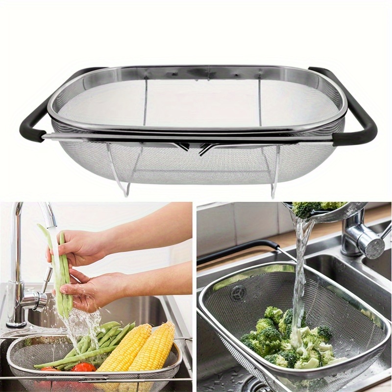 Stainless Steel Over Sink Colander with Telescopic Handle, Metal Mesh Strainer Basket for Fruits & Vegetables