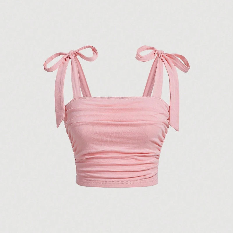 Pink Backless Camis Top, Solid Tie Shoulder Ruched Design, Wide Strap Slim Fit Crop Top, Summer Women Clothing