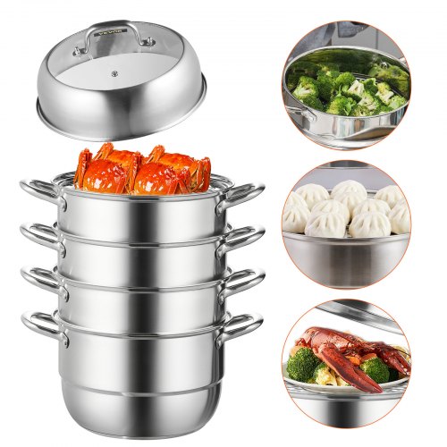 5-Tier Stainless Steel Dumpling Steamer Pot – 30cm/11.8 Dia, Works with Gas & Electric Stove Top.