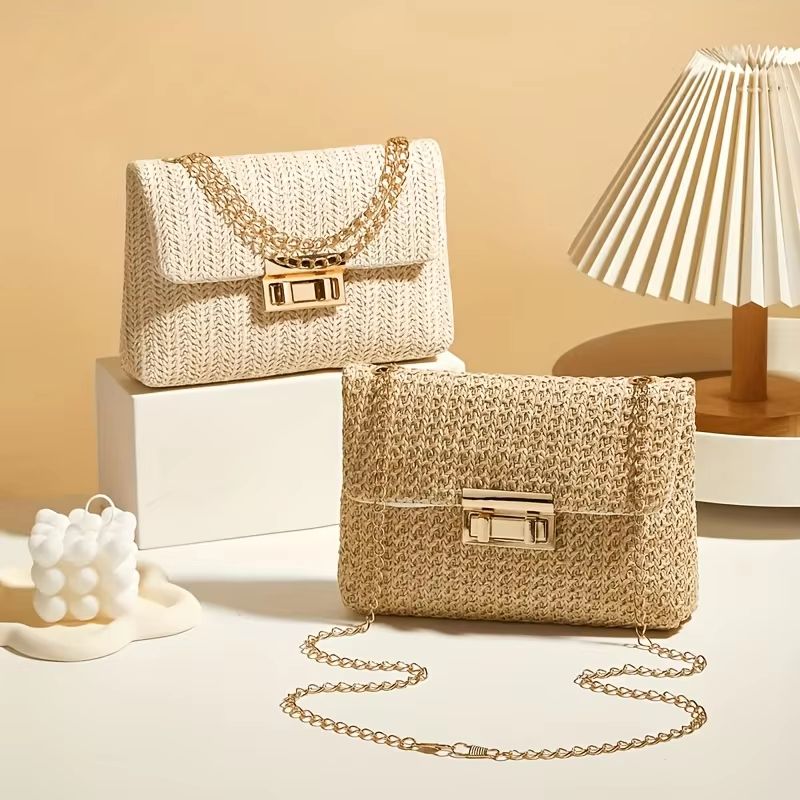 Woven Straw Shoulder Bag Small Crossbody Handbag with Polyester Lining