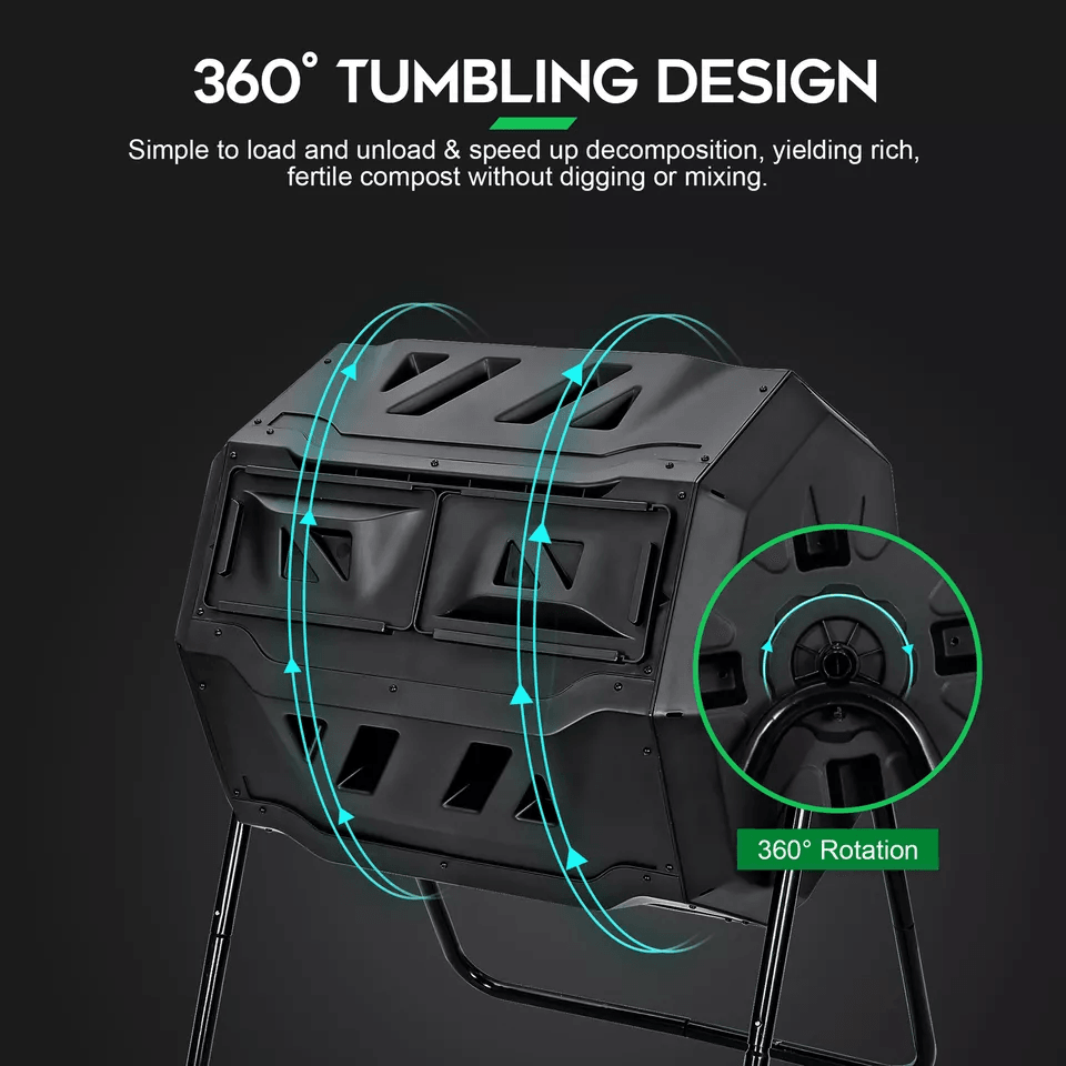 Dual Chamber Tumbling Composter, Outdoor Rotating Compost Bin for Garden Waste
