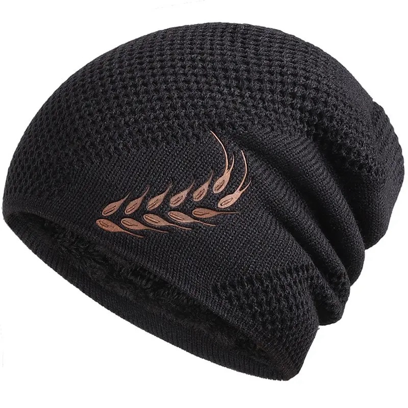 Fur Lined Thick Ski Beanie Cap, Unisex Warm Winter Beanie, Knitted Hat Men Women, Hat Fashion Wheat Embroidered