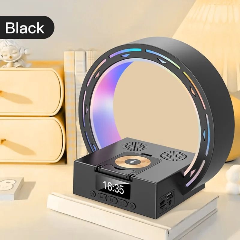 Desktop Bluetooth Speaker Alarm Clock with Night Light Wireless Charger USB AUX