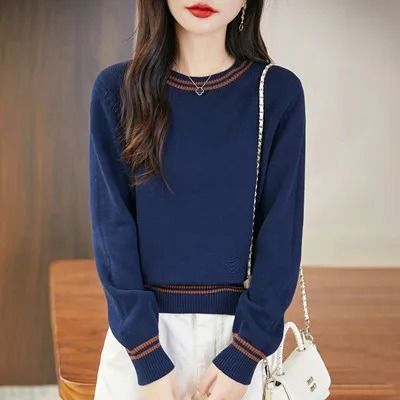 Autumn Winter Women Pure Cotton Knitted O-Neck Pullover Sweater