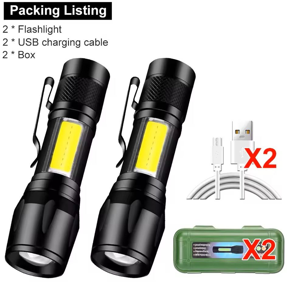 Mini LED Flashlight with COB+XPE – USB Rechargeable, Zoomable Focus, Tactical Design with Pen Clip