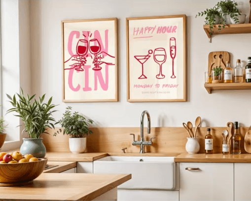 Cin Cin Cheers Cocktail Wall Art Pink Italian Food & Happy Hour Kitchen Print