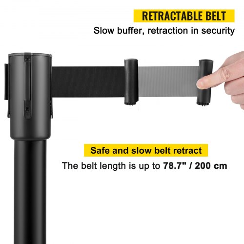 Crowd Control Stanchion, Black Retractable Belt Queue Barrier, Heavy-Duty Black Stanchion Posts w/ Concrete & Metal Base