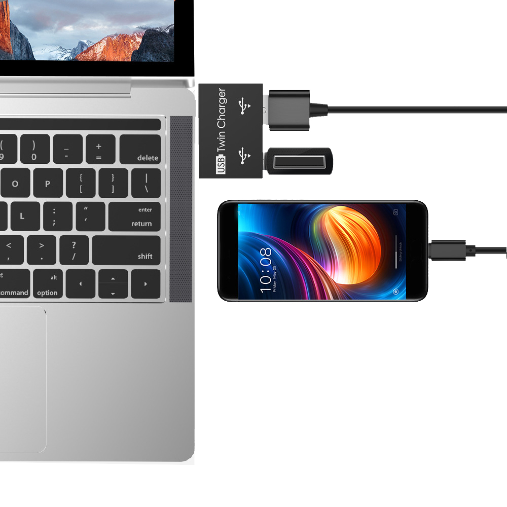 USB Hub Adapter, USB Splitter USB HUB Converter, USB Male to Twin Charger Interface Female for Huawei, Xiaomi, Macbook
