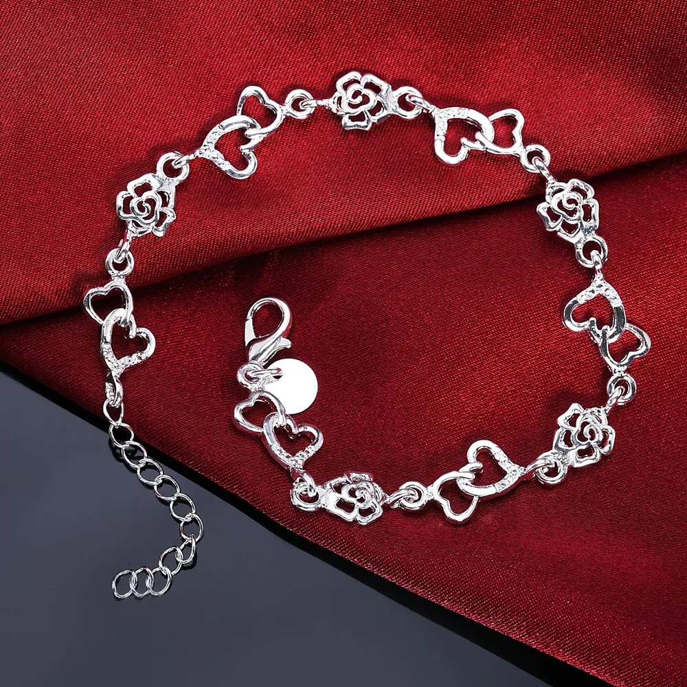 925 Sterling Silver Heart Flower Bracelet for Women - Elegant Wedding & Party Fashion Jewelry