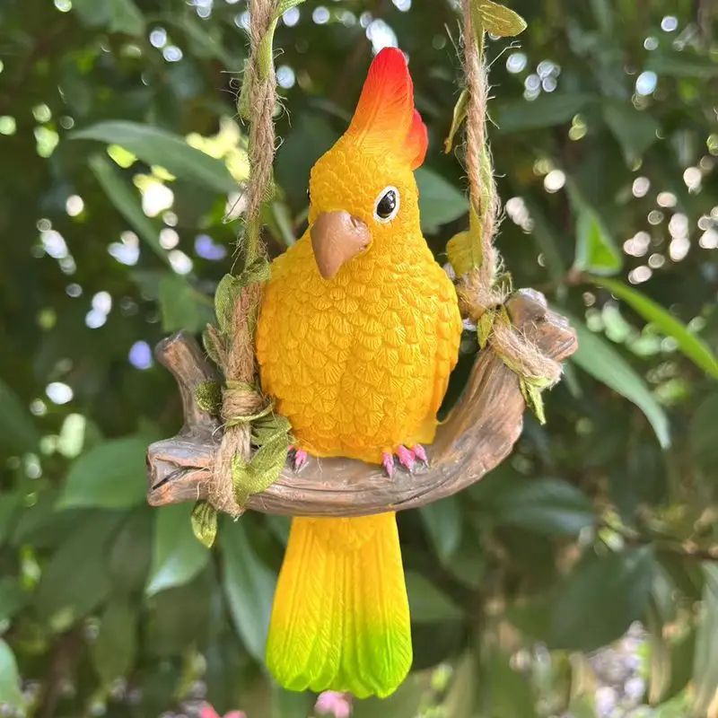 Tropical Parrot Garden Hanging Statue – Resin Outdoor Animal Decor with Wooden Swing