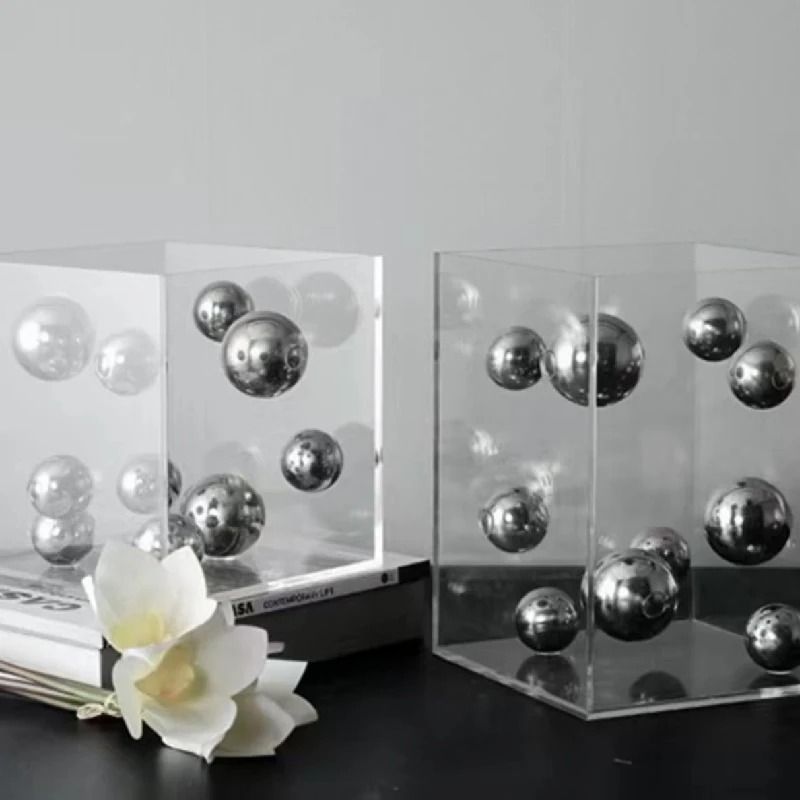 Modern Geometric Clear Acrylic Cube & Sphere Display Sculpture