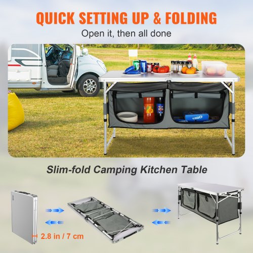 Portable Camping Kitchen Table with Storage & Heights Foldable Outdoor Cooking Station for BBQ & Travel Portable Camp