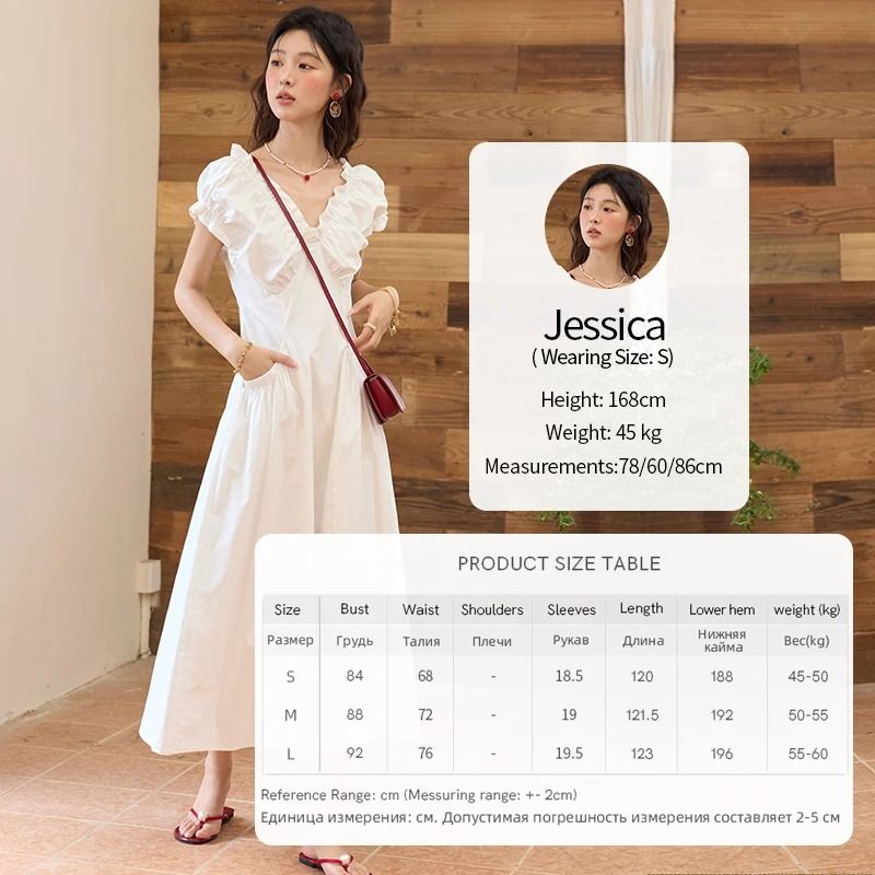 MISHOW V-Neck Puff Sleeve Dress | Premium 100% Cotton Slim Midi Dress & Professional 2025 Summer Office Outwear