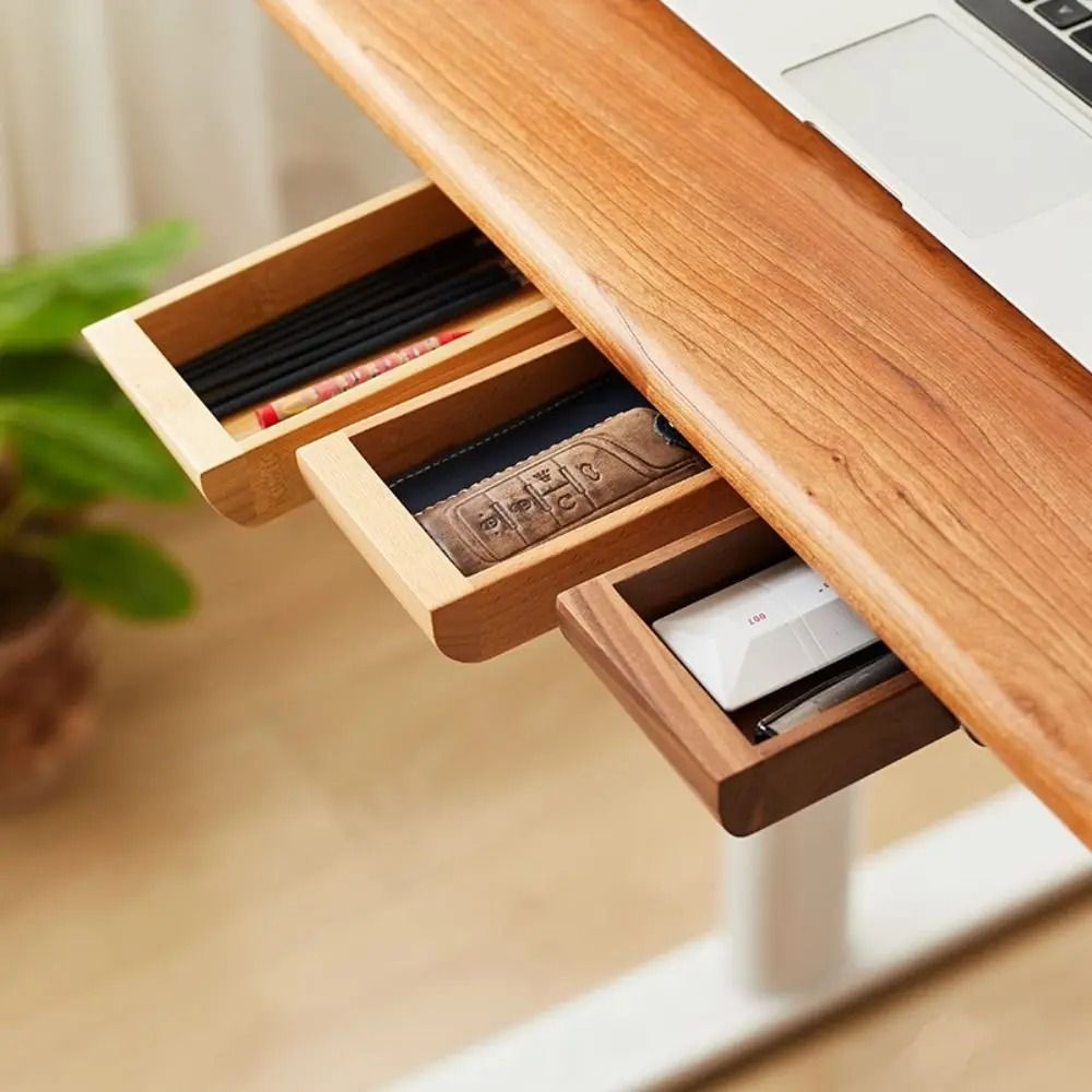 Under Desk Adhesive Wooden Storage Drawer Home Organization Stationery Container