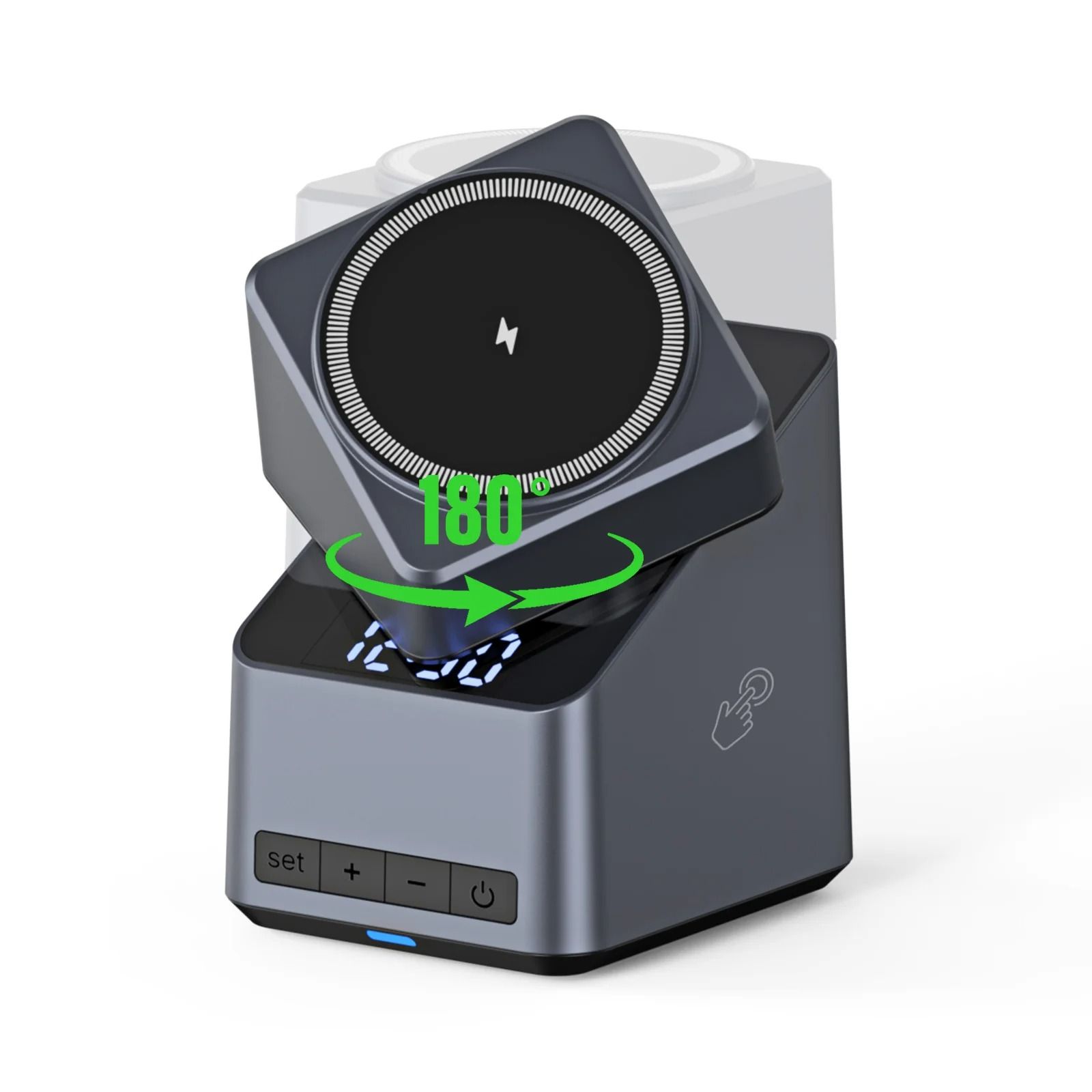 4-in-1 Auto-Rotation Wireless Charging Station – High-Speed Magnetic Dock with Digital Clock