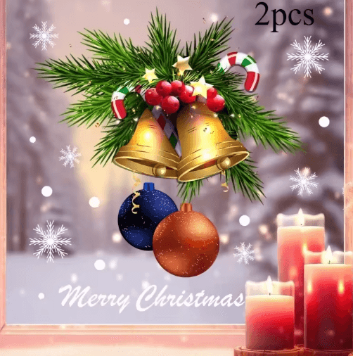 Reusable Christmas Window Stickers – Static Cling Golden Bells, Red Berries & Snowflakes (1pc / 2pcs)