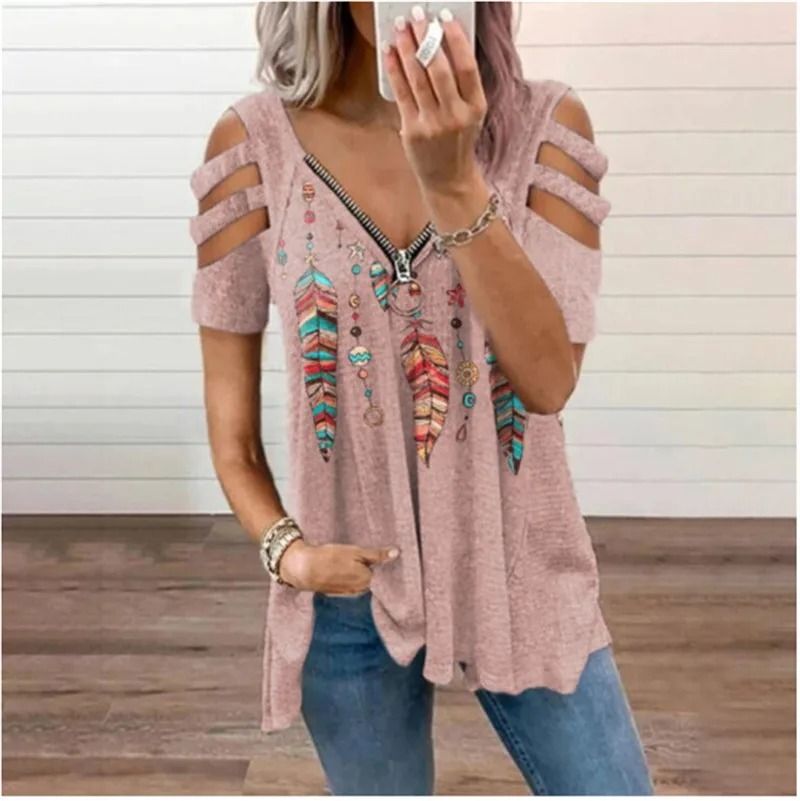 Summer Cold Shoulder Leopard Print Zipper V Neck Loose Casual Blouse