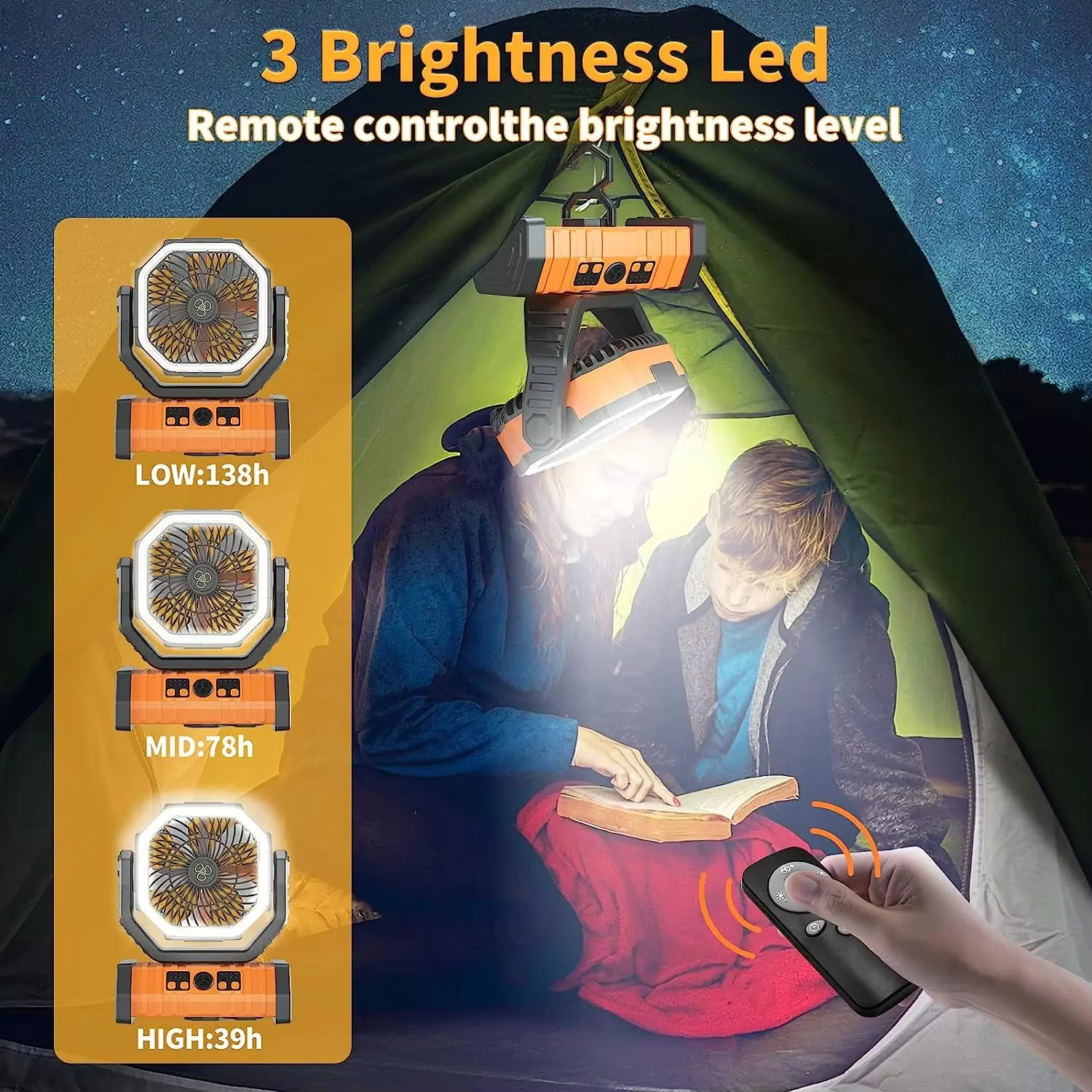 Rechargeable Desk Fan with LED Light, Portable Fan with Hook for Tent and Car Trip