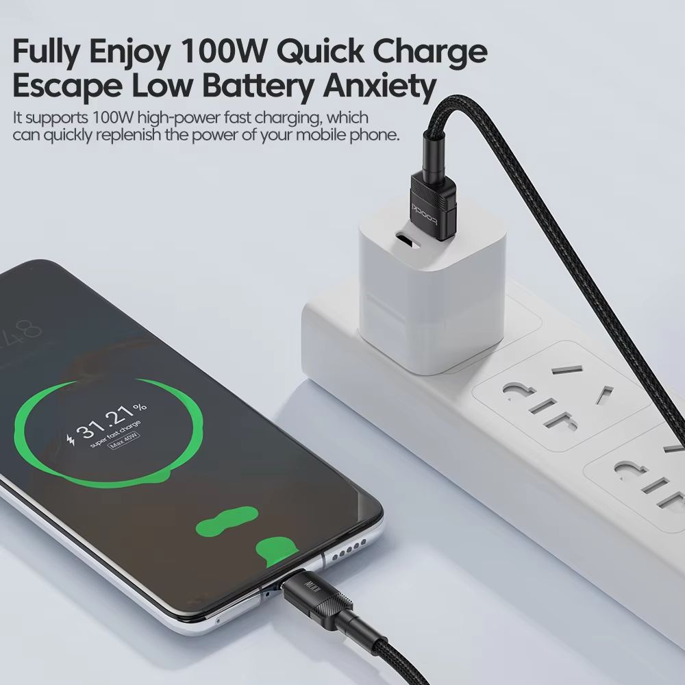 Toocki 100W USB Type-C Fast Charging Cable – 6A High-Speed Data Cable for Samsung, Xiaomi, Huawei, OnePlus & More