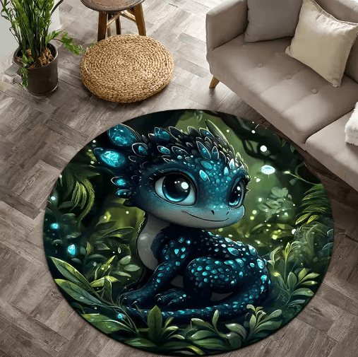 Cartoon Baby Dragon Round Rug Soft Non Slip Kids Floor Mat for Bedroom & Playroom