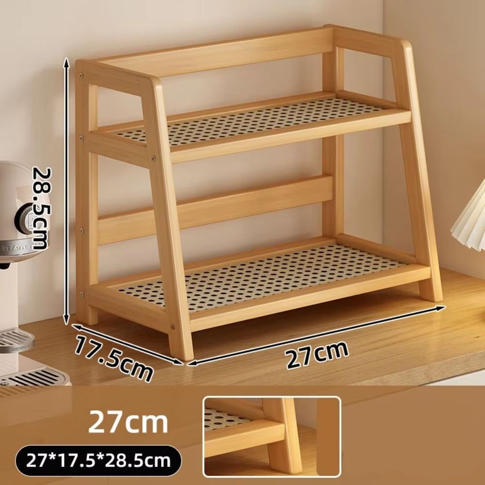 NaturalWood Rattan Desktop Organizer – Wooden Storage Shelf & Countertop Spice Rack