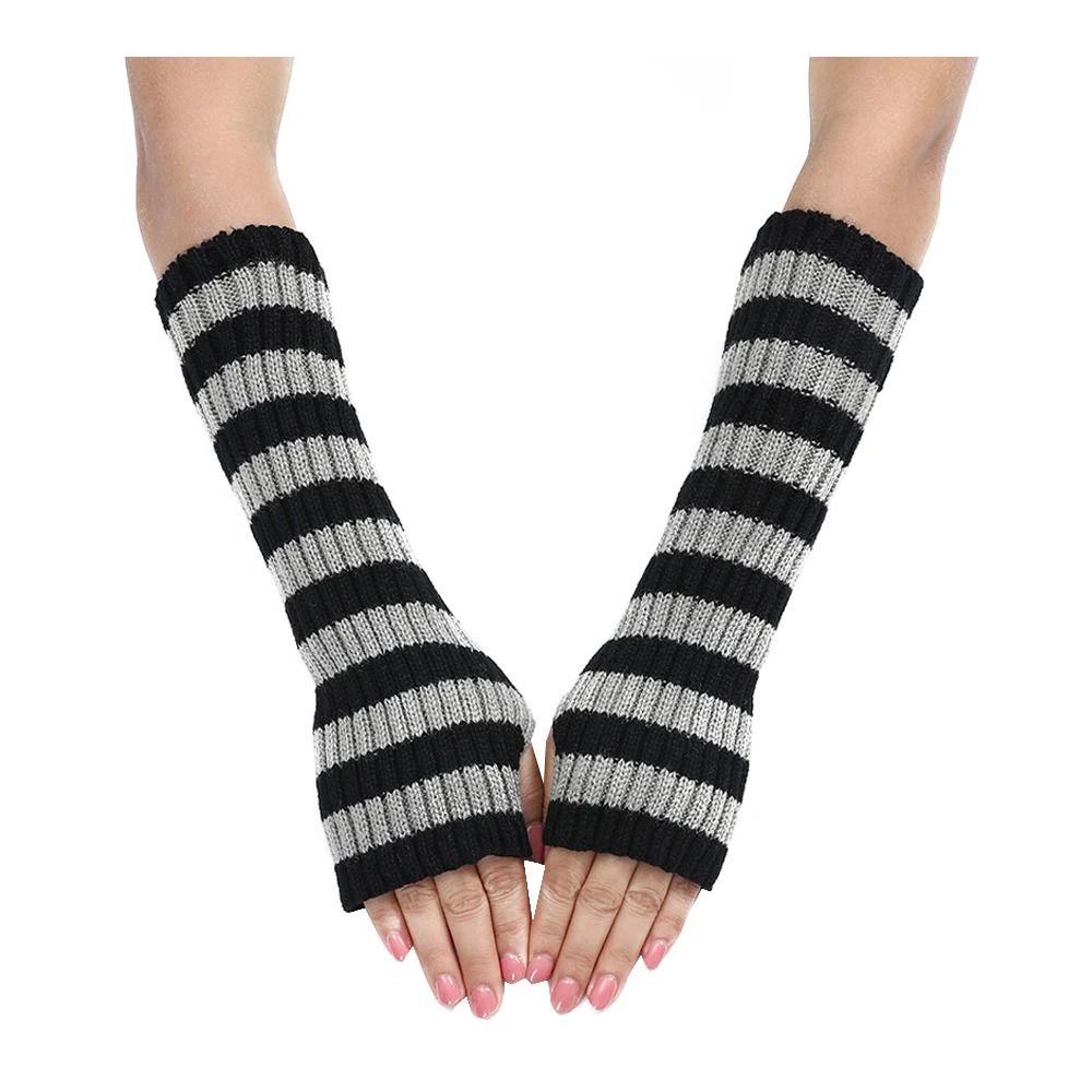 Gothic Striped Fingerless Arm Warmers - Harajuku Y2K Knit Sleeves