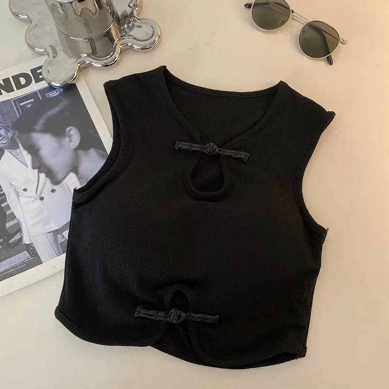 Casual Button Vintage Hault Tanks Camis, Sleeveless Femme Croset Crop Tops With Built-in Bras for Women