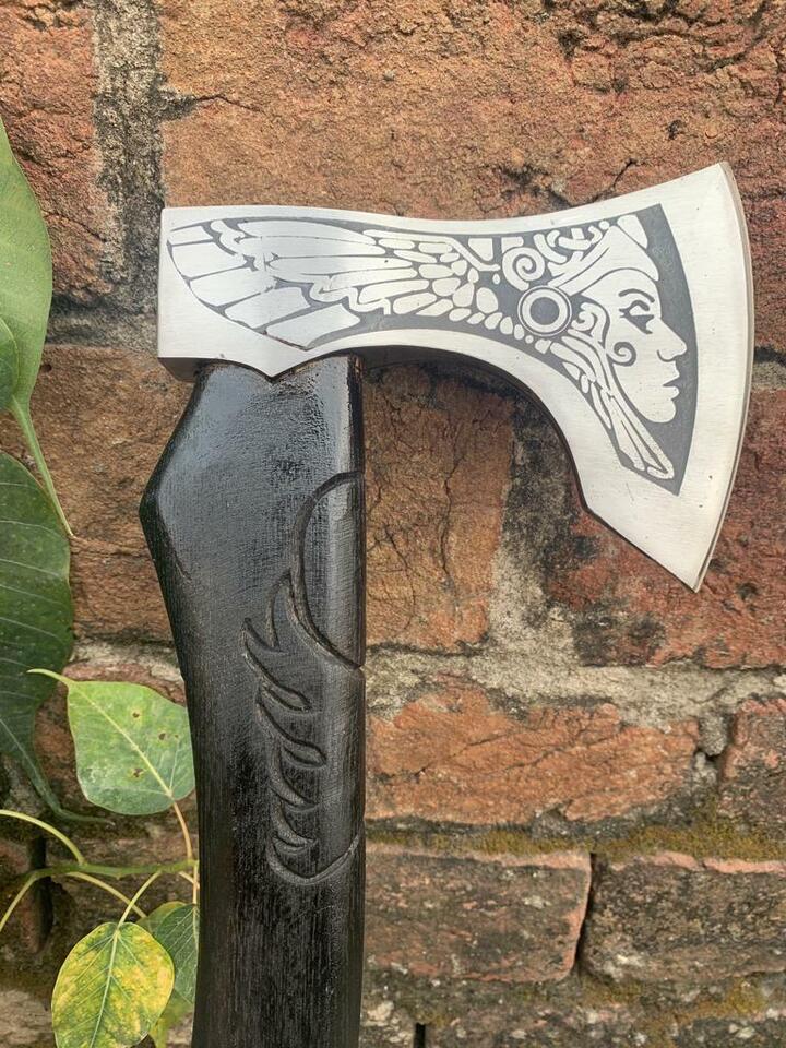 Hand-Forged Viking Axe | 22 Inch High Carbon Steel Blade with Engraved Wooden Handle | 256-Layer Damascus Pattern