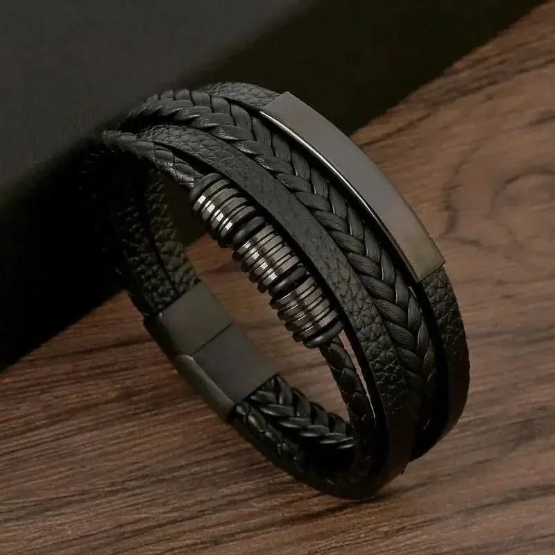 Multi Layer PU Leather Mens Bracelet with Magnetic Closure Gold Tube Charm