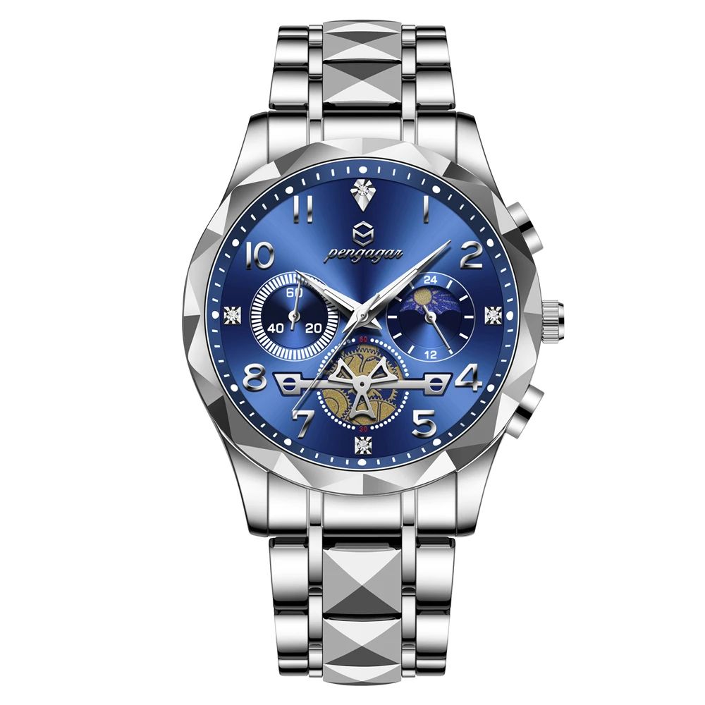 PAAZOMU Luxury Stainless Steel Men's Chronograph Quartz Watch with Moon Phase