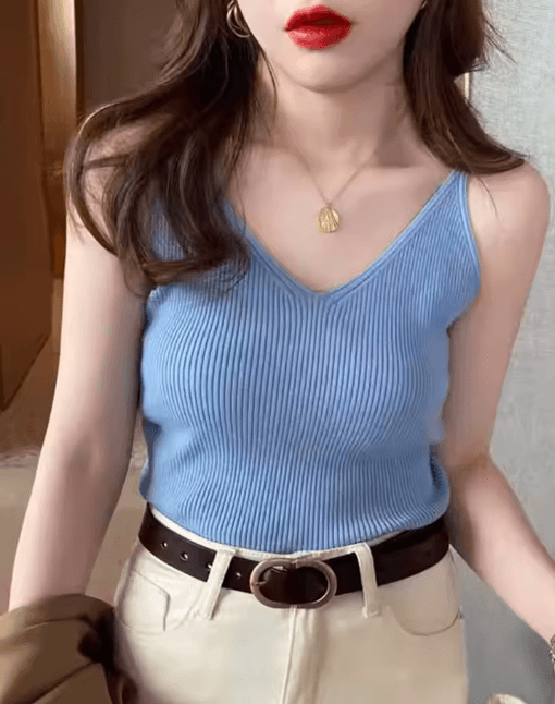 Korean Style V Neck Knit Cami Elastic Suspender Summer Tank