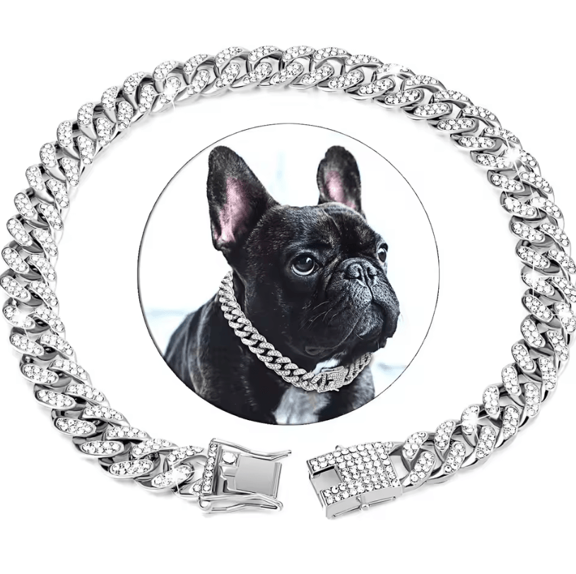 Dog Cuban Chain Collar – Stylish Metal Pet Collar with Diamond Design and Secure Buckle