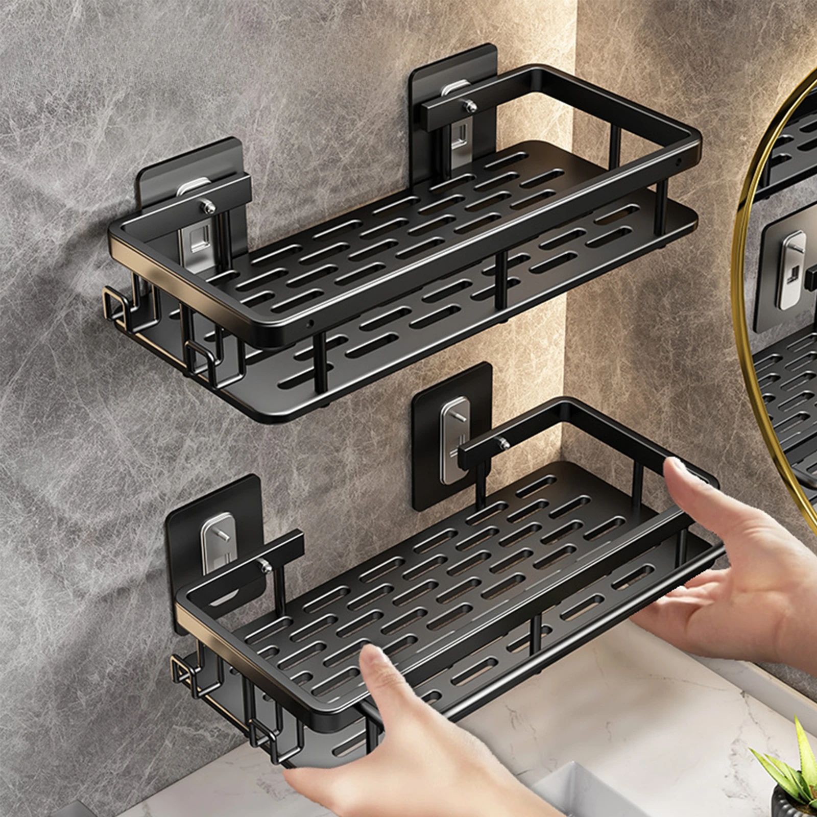 No Drill Bathroom Shower Shelf Wall Mounted Aluminum Shampoo Bottle Holder Corner Storage Rack for Bathroom and Kitchen