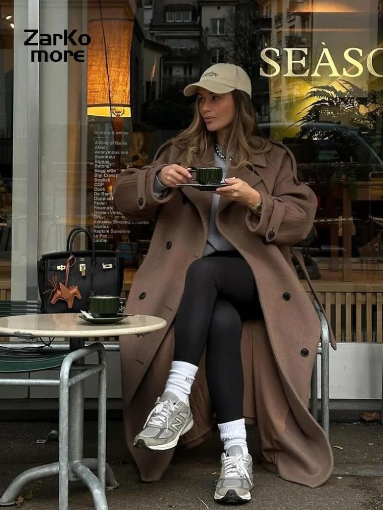 Elegant Womens Grey Belted Wool Coat Double Breasted Long Winter Peacoat