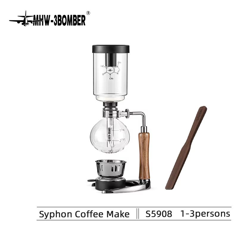 MHW-3BOMBER Japanese Siphon Coffee Maker – Premium Vacuum Brewer with Wooden Handle, 1–3 Cup Glass Drip System