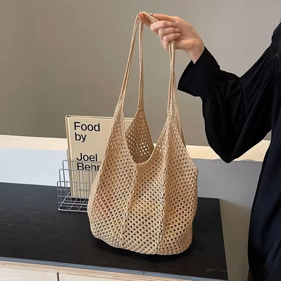Hollow Woven Shoulder Tote Bag Large Mesh Beach Handbag