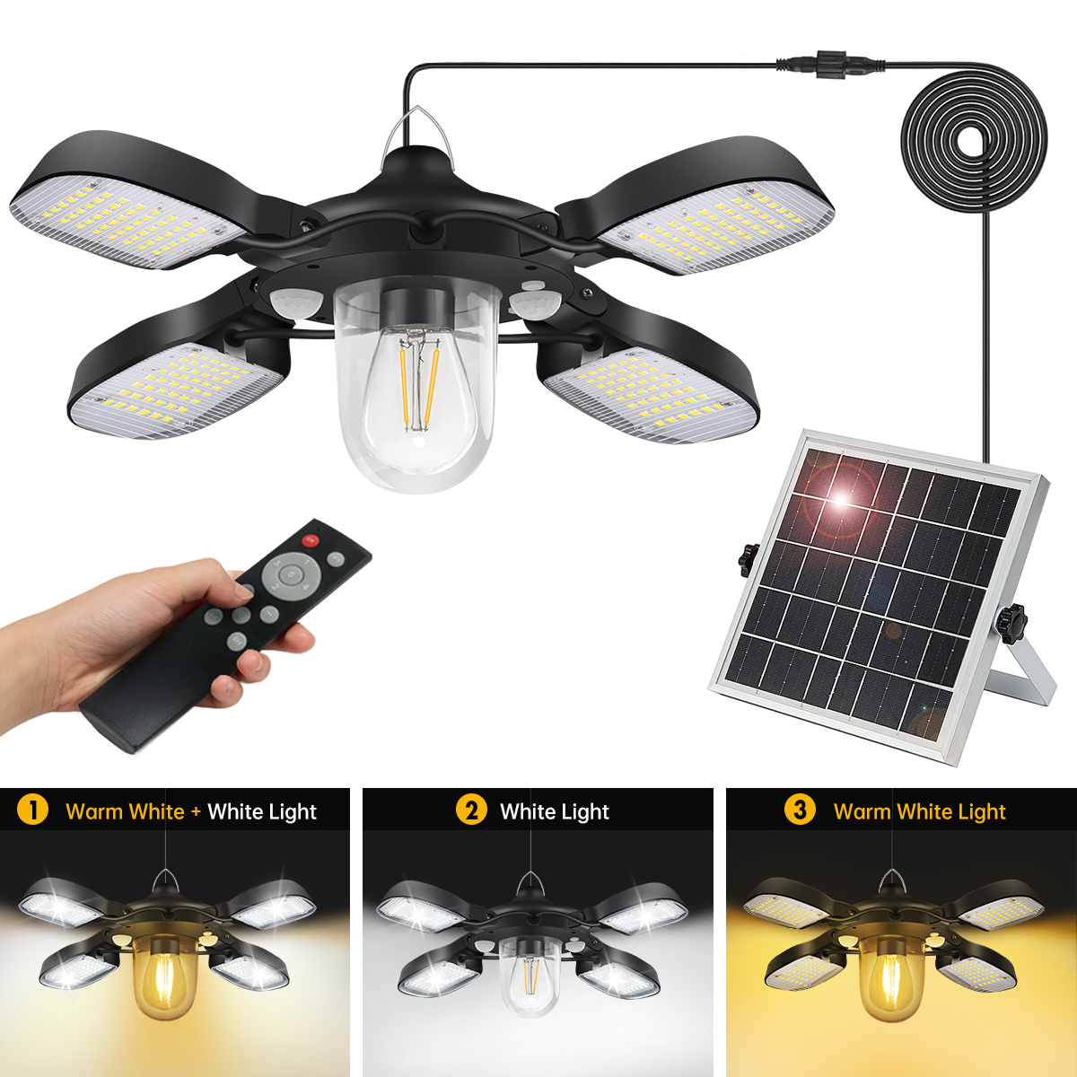 Solar Powered Barn Light Solar Shed Light with Dual Motion Sensor, Remote Control Solar Pendant Lamp Indoor Outdoor