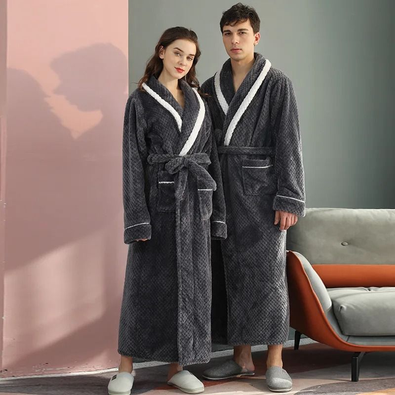 Winter Lovers Thick Flannel Couple Long Bathrobe Set