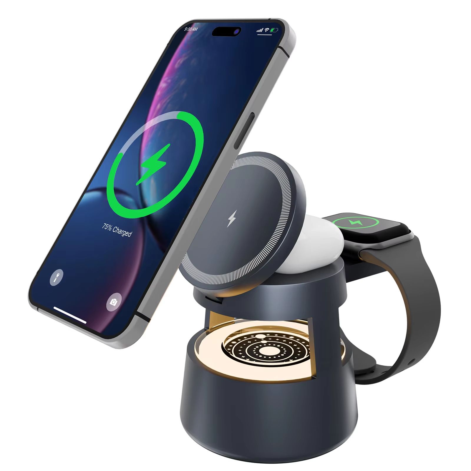 4 in 1 Magnetic Wireless Charging Station 15W Foldable with Night Light for iPhone, Apple Watch Ultra, and AirPods